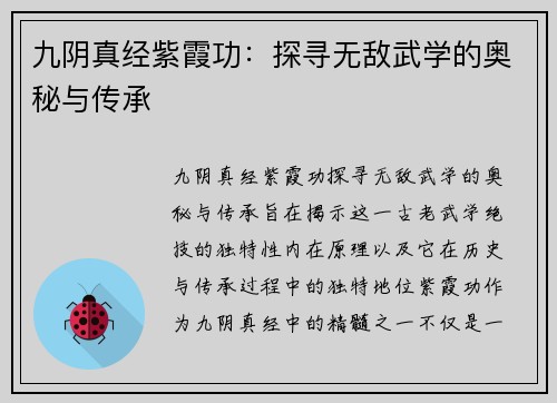九阴真经紫霞功：探寻无敌武学的奥秘与传承